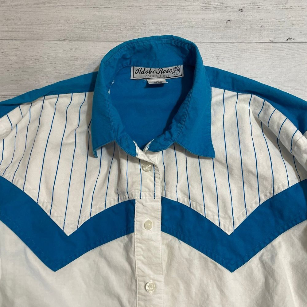 Vintage Adobe Rose womens button down shirt blue‎ white medium - Picture 5 of 6